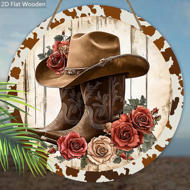 Cowboy Style Wooden Sign with Boots & Flowers Pattern - Retro Round Sign for Front Door, Wall Decor - Ideal Hanging Plaque Party Decoration