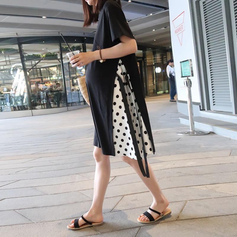 Maternity Loose-Fit Plus Size Patchwork T-shirt Dress - Korean Style Summer Over-the-Knee Dress