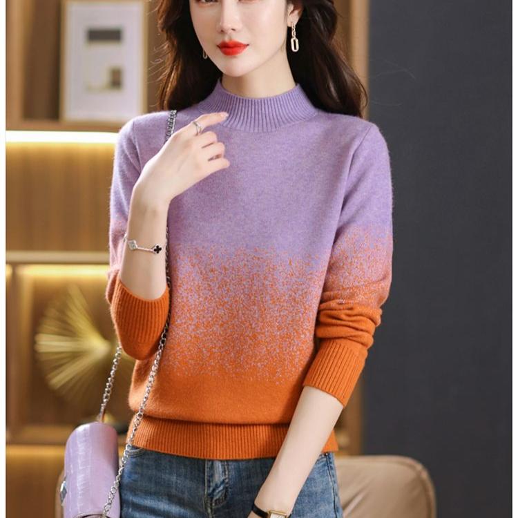 Women's Knitted Sweater Autumn and Winter Gradient Color Sweater Loose Pullover Thickened Knitted Sweater