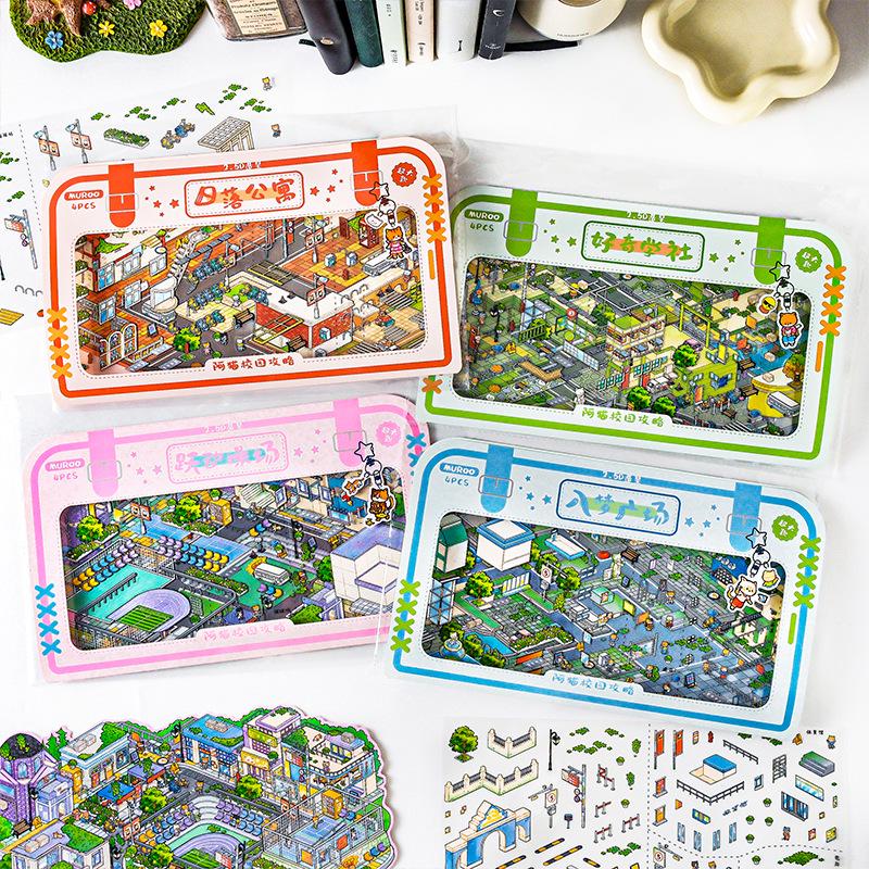 3D Cute Kitten Scenery Sticker: Enlarged Campus Guide