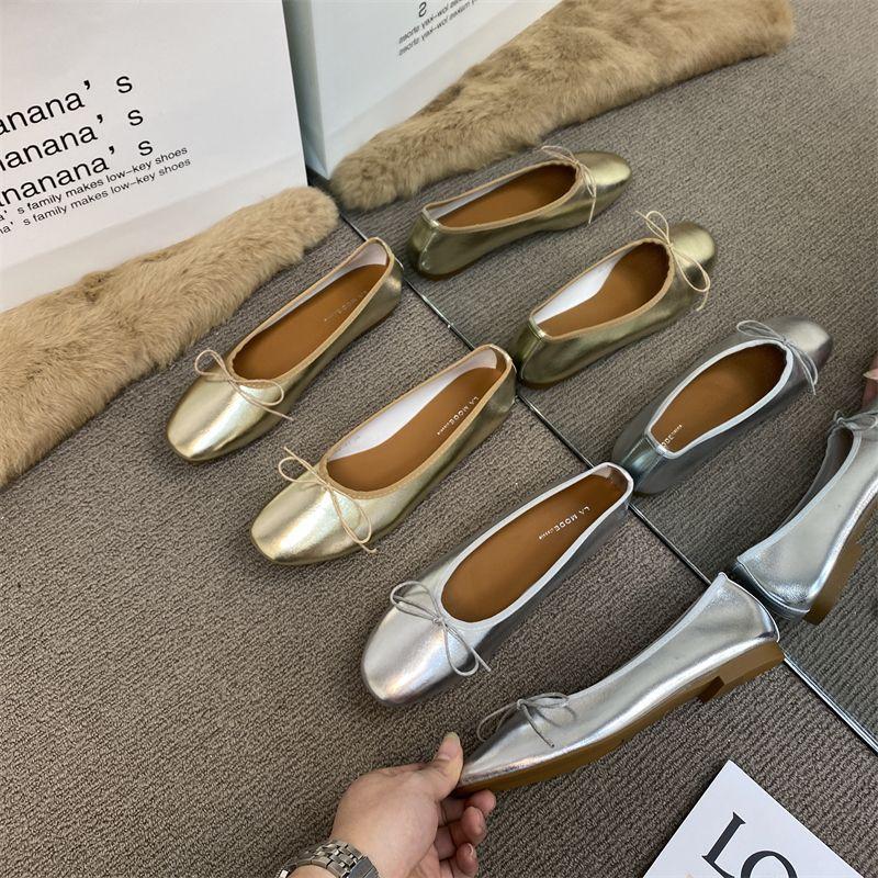 2025 Spring and Autumn New Bow Ballet Metal Silver Single Shoes Light Mouth Flat Bottom Granny Shoes Women