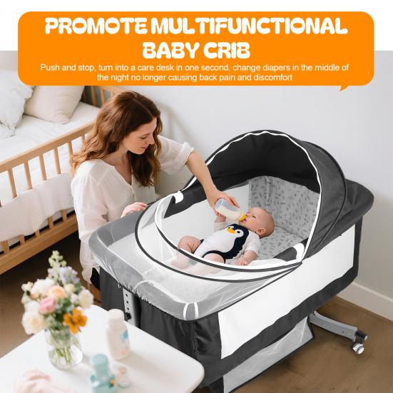 Bedside Crib 4-In-1 Multi-function with Changing Table, 6 Levels Height Adjustable Baby Bed Basket & Mosquito Net, Portable Newborn Infant