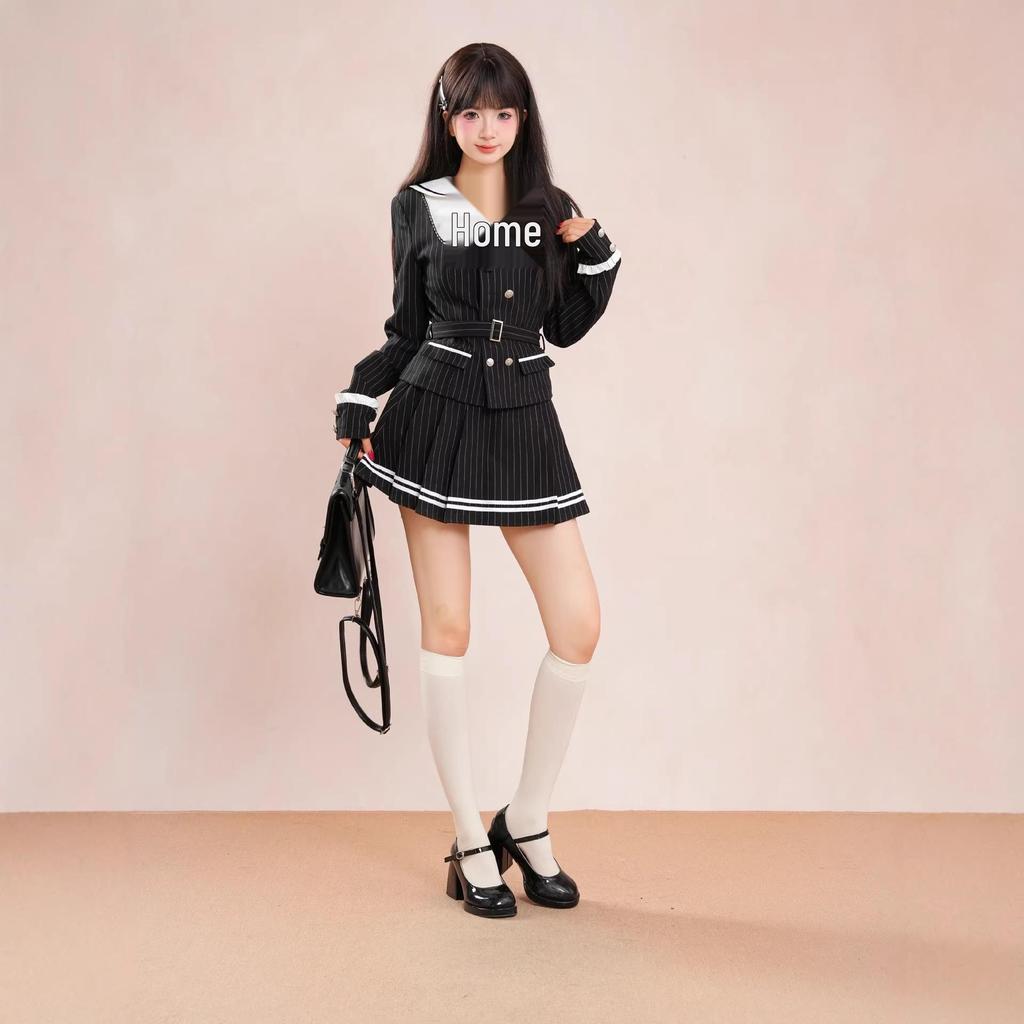 Japanese Academy Style Black Striped Double-Breasted Jacket & Pleated Skirt Set for Women, Autumn/Winter Collection
