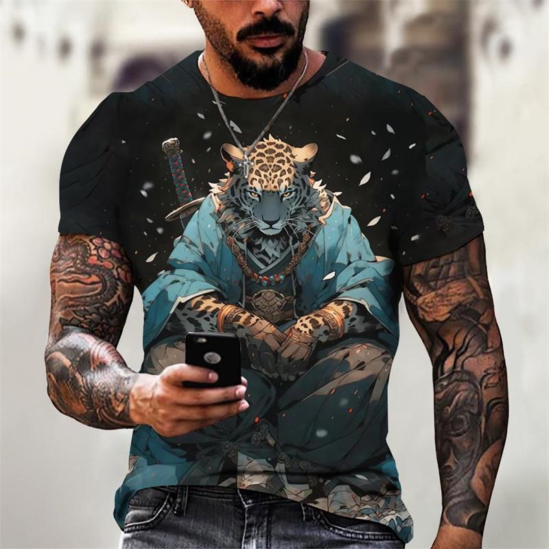 Animal Warrior Pattern T-Shirt Men Anaimal 3D Print Summer Casual Oversized Short Sleeve T-Shirt Comfortable O-Neck Breathable T-Shirt 6XL