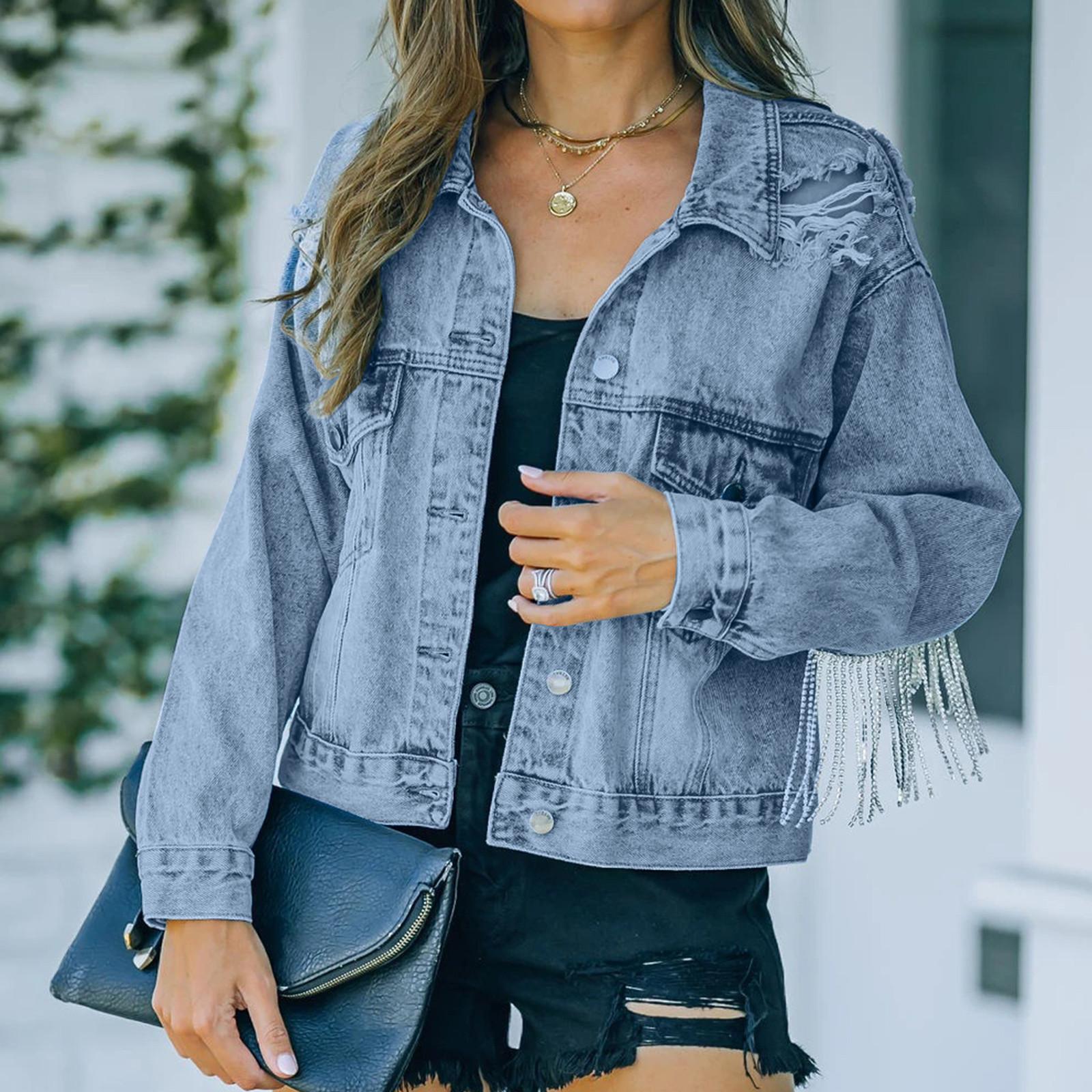 

Женская уличная мода, джинсовая куртка с длинными рукавами и кисточками, с промытыми лацканами, пальто S светло-синий