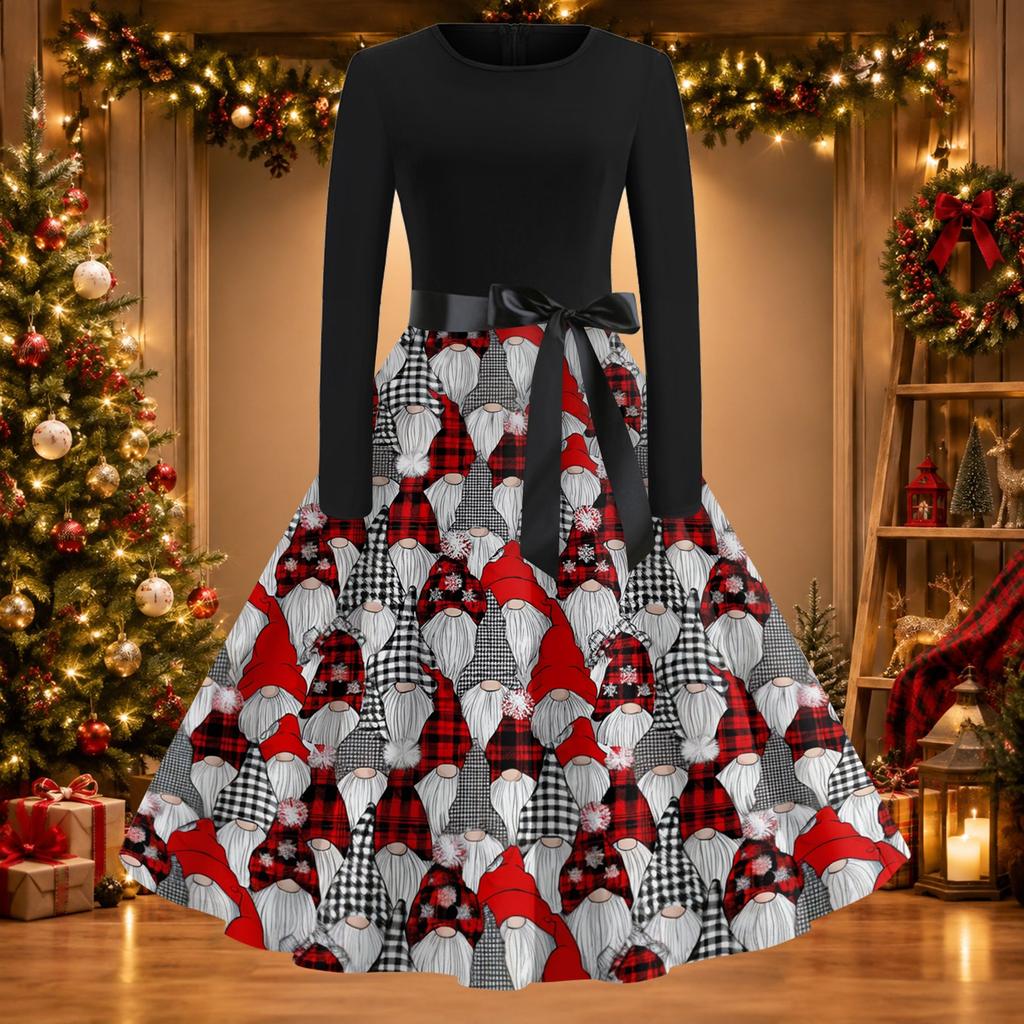 Women's Casual Fashion Christmas Print Round Neck Vintage Dress for Holiday Parties