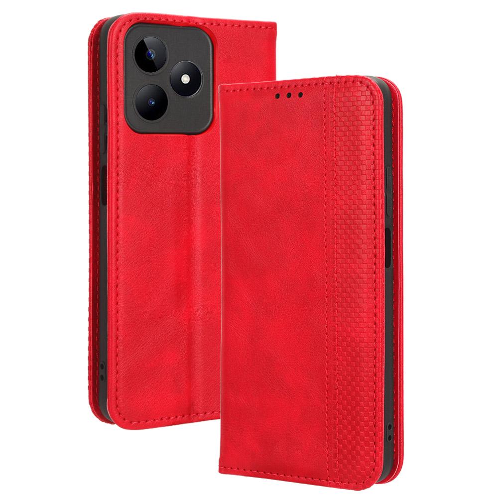 

For Realme C53 (Global)/C53 (India)/C51/Note 50 4G/Narzo N53 4G PU Leather Retro Phone Case Shockproof Stand Wallet Cover Red