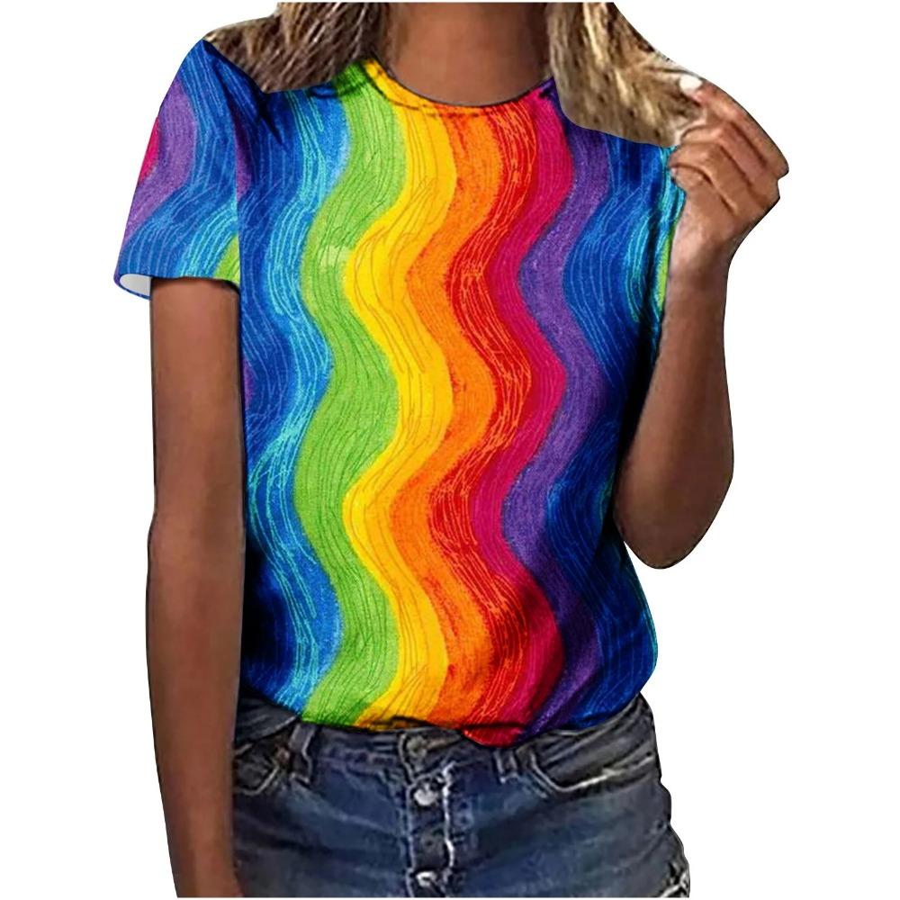 Sommer Neues Regenbogen 3D-Druck Damen Kurzarm Lässiges Rundhals-T-Shirt Y2K-Stil Harajuku Oberteil