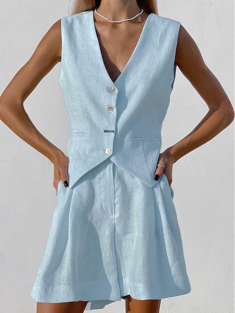 Women's Cotton Linen Suit Vest & Shorts Set (European & American Design, Sleeveless, Spring/Summer Casual)