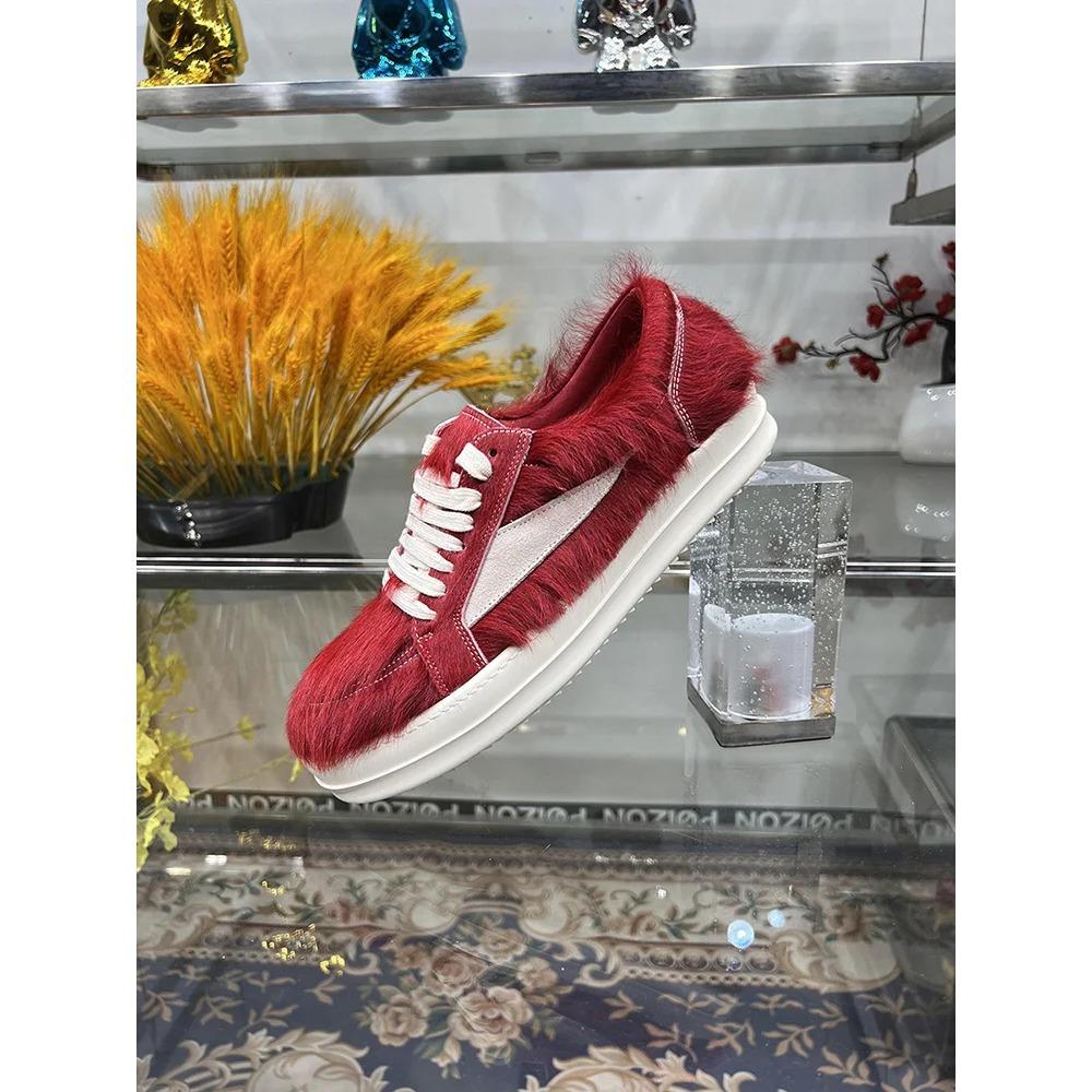 

24ss New Horse Hair Low Top Quality Casual Shoes Dark Red Men Genuine Leather Thick Sole Lace Up Luxury Sports Ro Women Sneakers 46