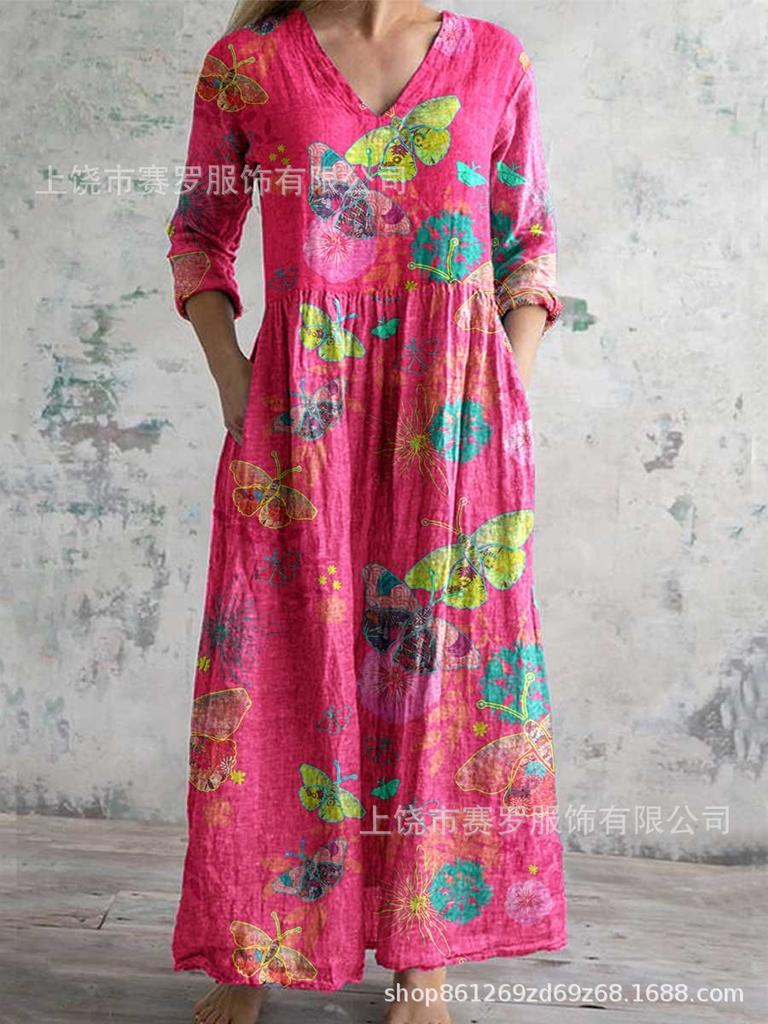 Damen Langarm V-Ausschnitt Maxi Kleid mit Streifenmuster, Knöchellanges Fließendes Kleid, Lässig Elegantes Kleid
