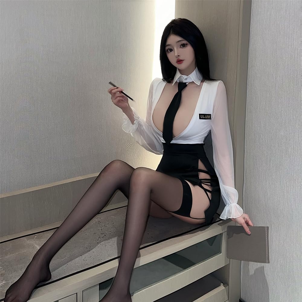 Secretary OL Female Teacher Chest Open Costume Sexy Erotic Extreme Halloween Costume Open Back Long Sleeve See Through Slit White Black Costume Outfit