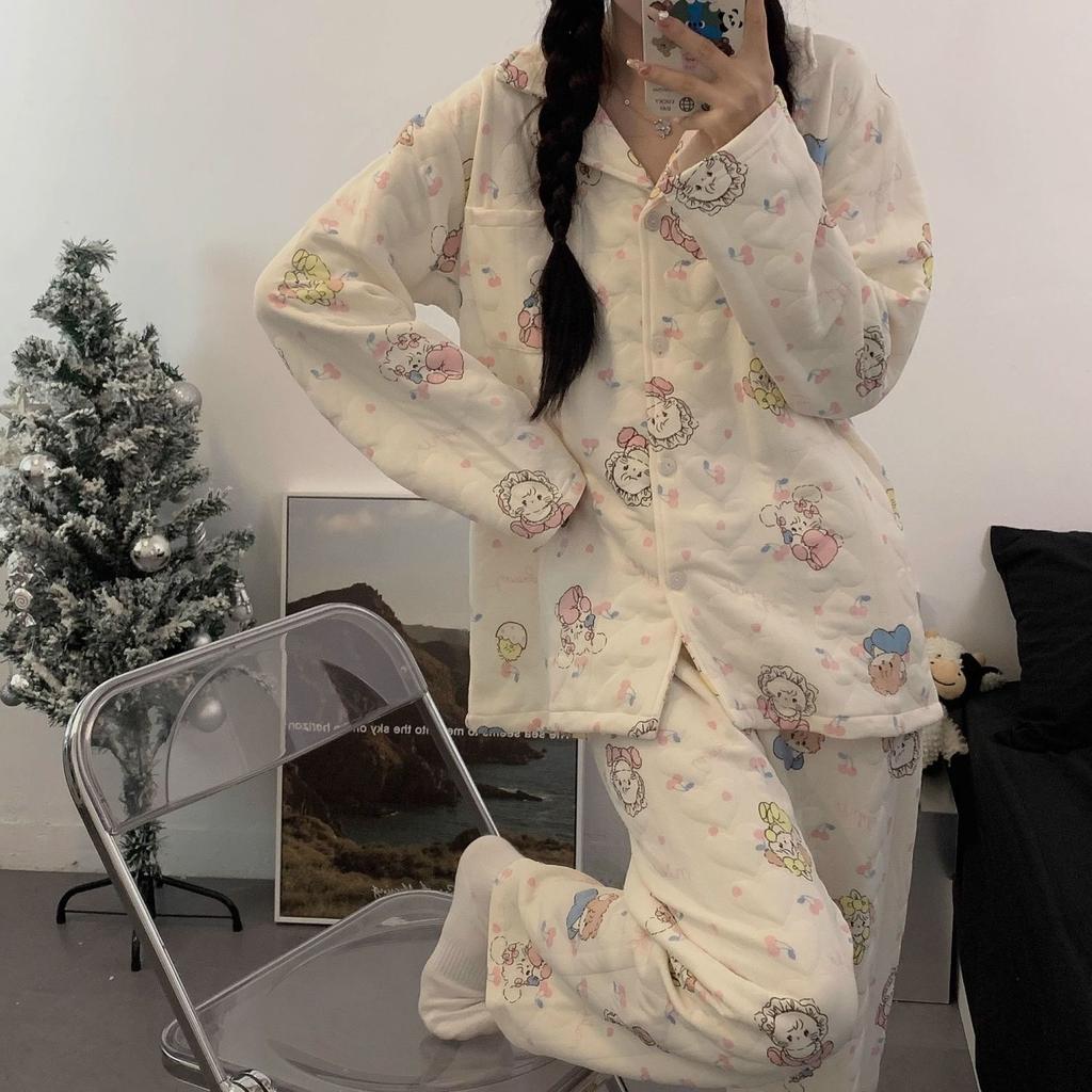 Pajamas Sets Women Japanese Style Nightwear Winter Warm Quilting Knitted Cotton Sleepwear Soft Button Long Sleeves