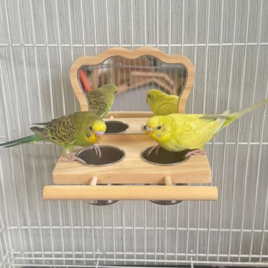 Bird Mirror with Perch Wooden Parrot Perch Feeder Bowls And Mirror Cage Accessories for Budgies Cockatiels Parakeets Canaries
