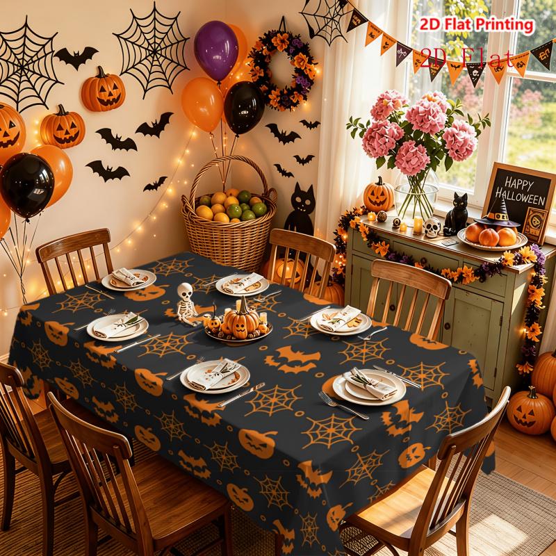 2D Flat 1pc Tablecloth, Halloween-Themed Orange Pumpkin, Bat, Spider Web Pattern Tablecloth, Suitable for Kitchen Table Decoration, Restaurant Arrange