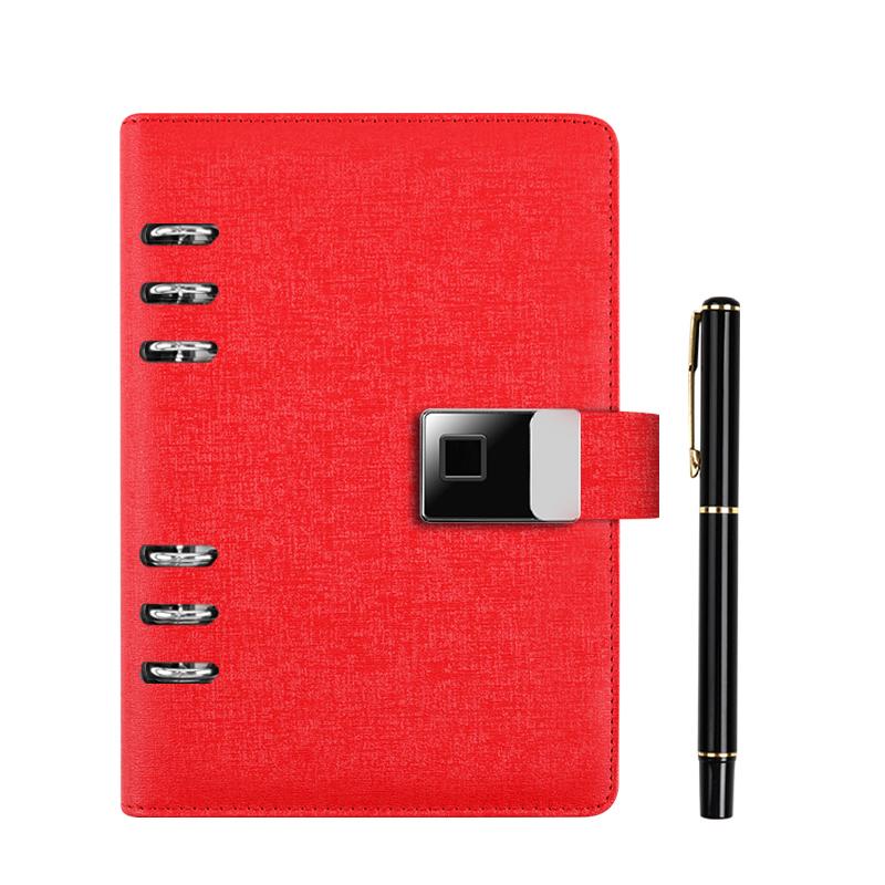 Factory Direct Sale Fingerprint Lock Notepad Loose-leaf Notepad Calculator with Card Slot Notepadleather Notebook Box and Pen (Red,A5&NO USB stick) красный