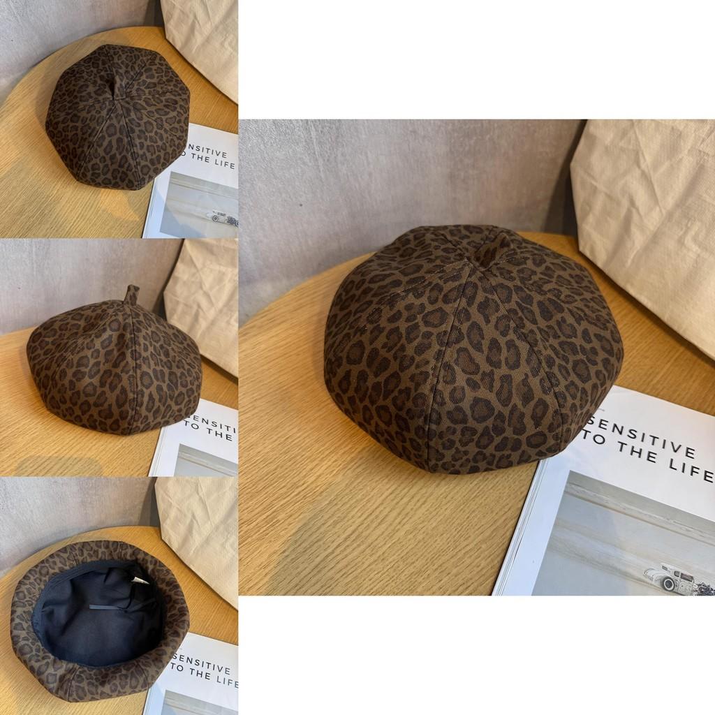 Leopard Pattern Beret Hat For Women Retro Style Breathable Winter Headwear