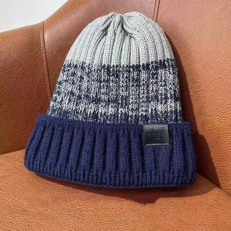 New Unisex Color Block Winter Hats Add Fur Lined Men And Women Keep Warm Beanie Cap Outdoor Streetwear Decor Winter Knitted Hats