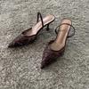 String Mesh Embroider Slingback High Heels Women Sexy Pointed Toe Heeled Sandals Summer Elegant Designer Shoes