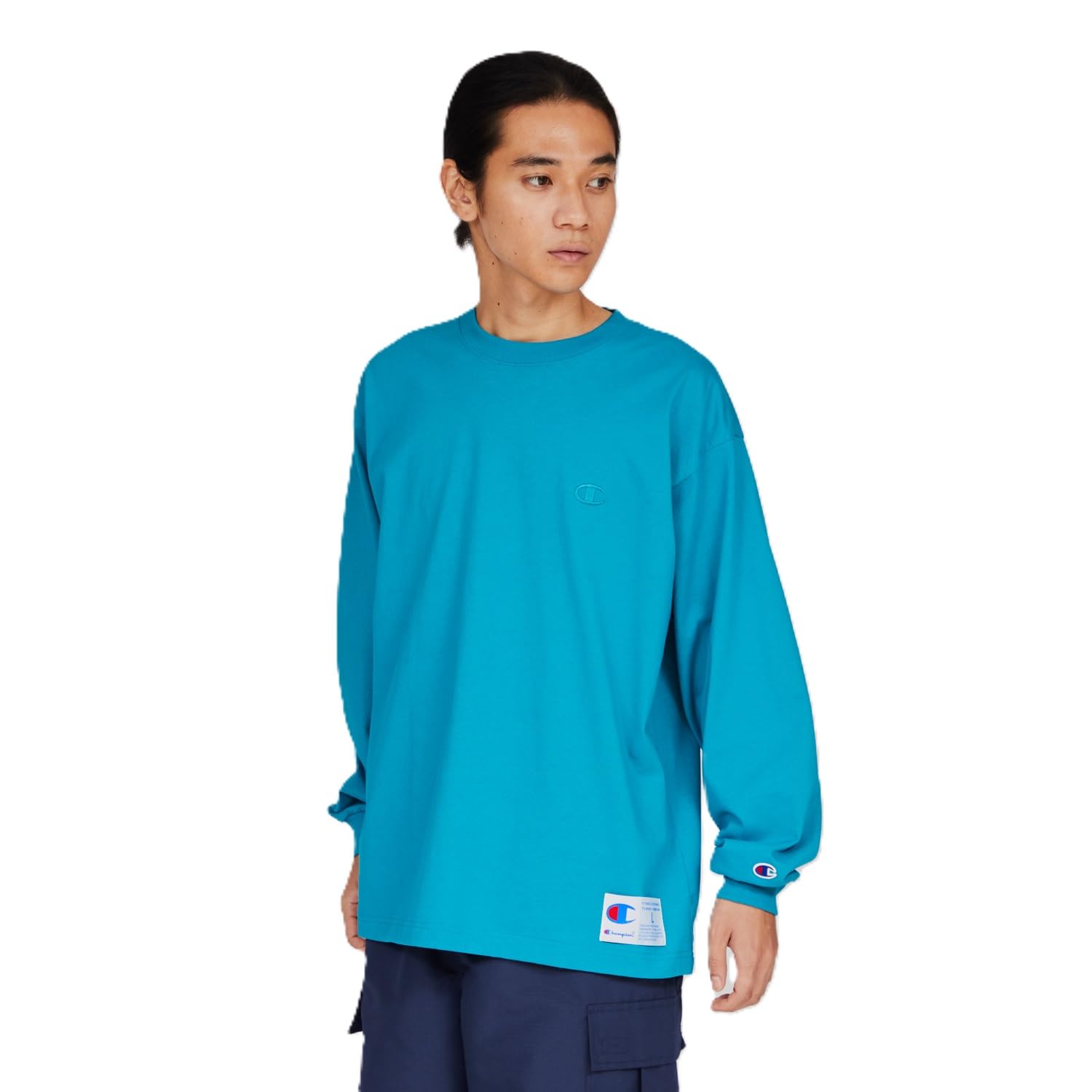 

Champion Long Sleeve Crew Relax Logo Teal Size Men s T-Shirt, Neck, 100% Cotton, Fit, One-Point Embroidery, Blue, M, C3-V414