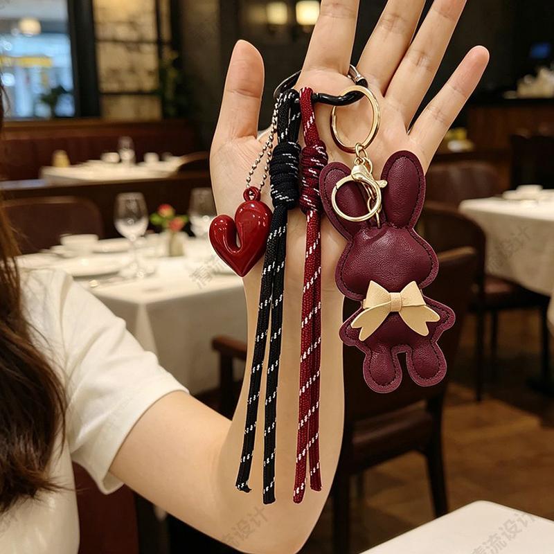 Yogodlns New PU Leather Bunny Keychain Heart Decoration Key Holders Hanging Charm Solid Color Bag Pendant Accessories Gift