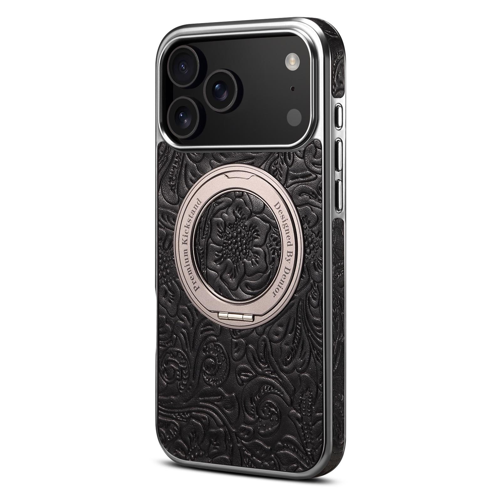 

Retro Tang Flower Cowhide Leather Phone Case For iPhone 17 Pro Max 17Air 16 15 14 13 Pro Electroplated Magnetic Gear Bracket iPhone17 Pro Max чорний