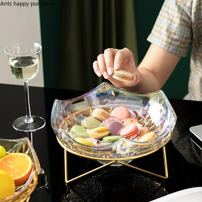 Wrought Iron Base Glass Fruit Plate Glass Bowl Candy Snack Tray Dessert Bowls Dishes Fruit Salad Bowl Decorative Plate Cake Pan