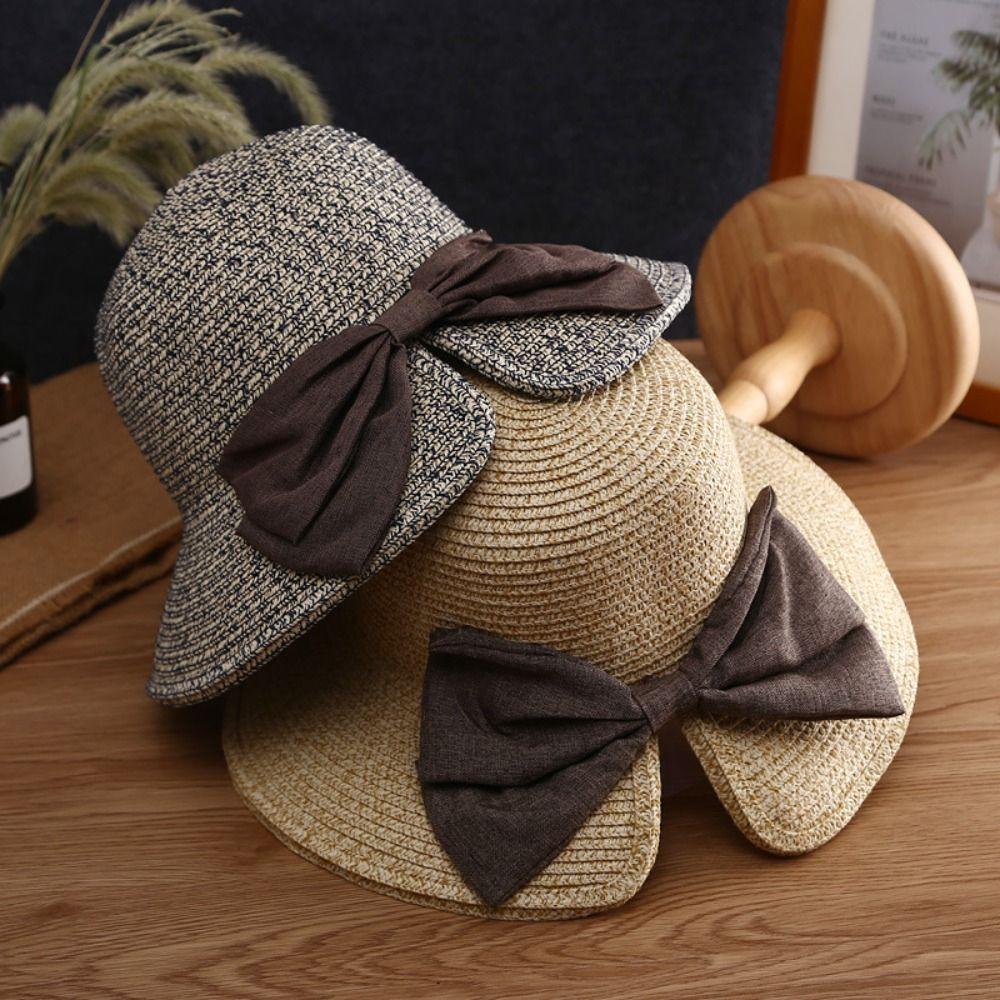 Foldable Women Sun Hat Wide Brim Back Split Bow-knot Summer Beach Sun Hat Breathable UV Protection Women's Straw Panama Hat
