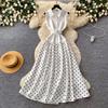 Elegant Satin Spliced Polka Dot Print One Piece Dress for Woemn Turn Down Collar Sleeveless Slim Belt Party Dress