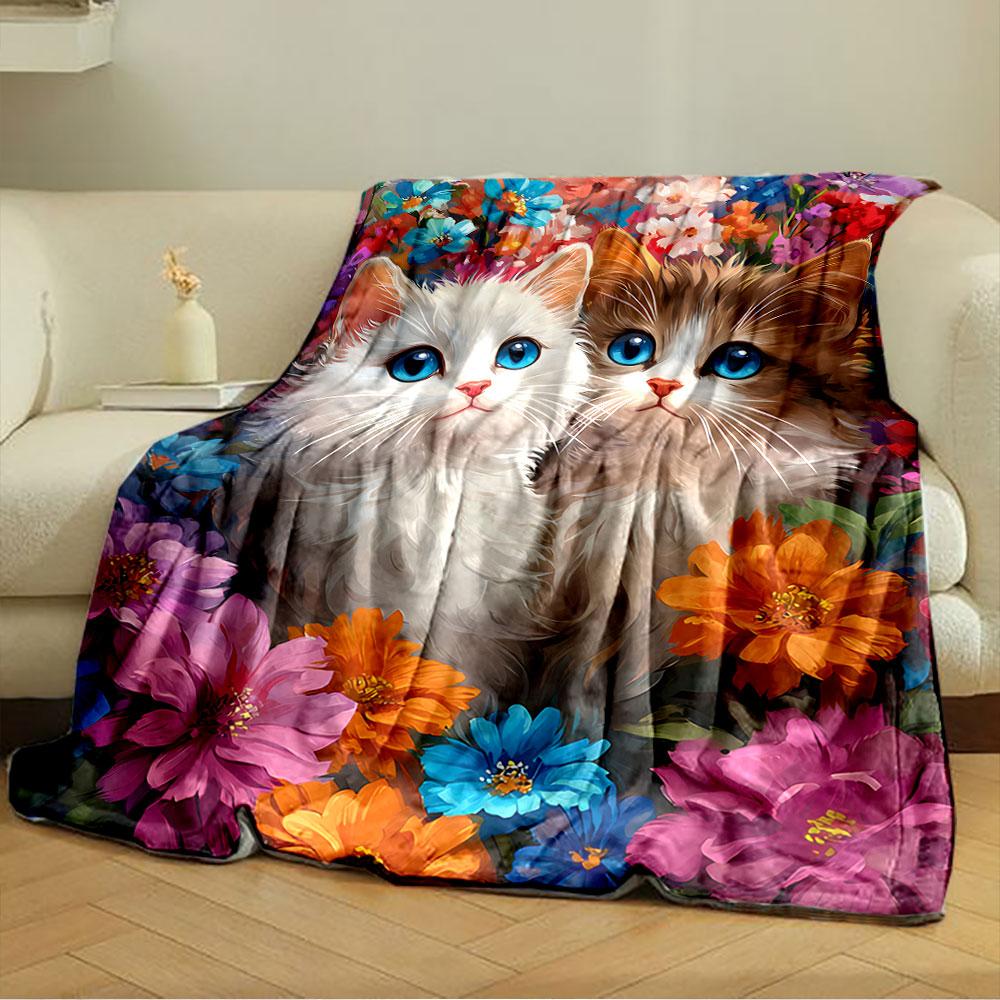 Two Cute Kittens in Flowers for all seasons blanket lunch break throw gift