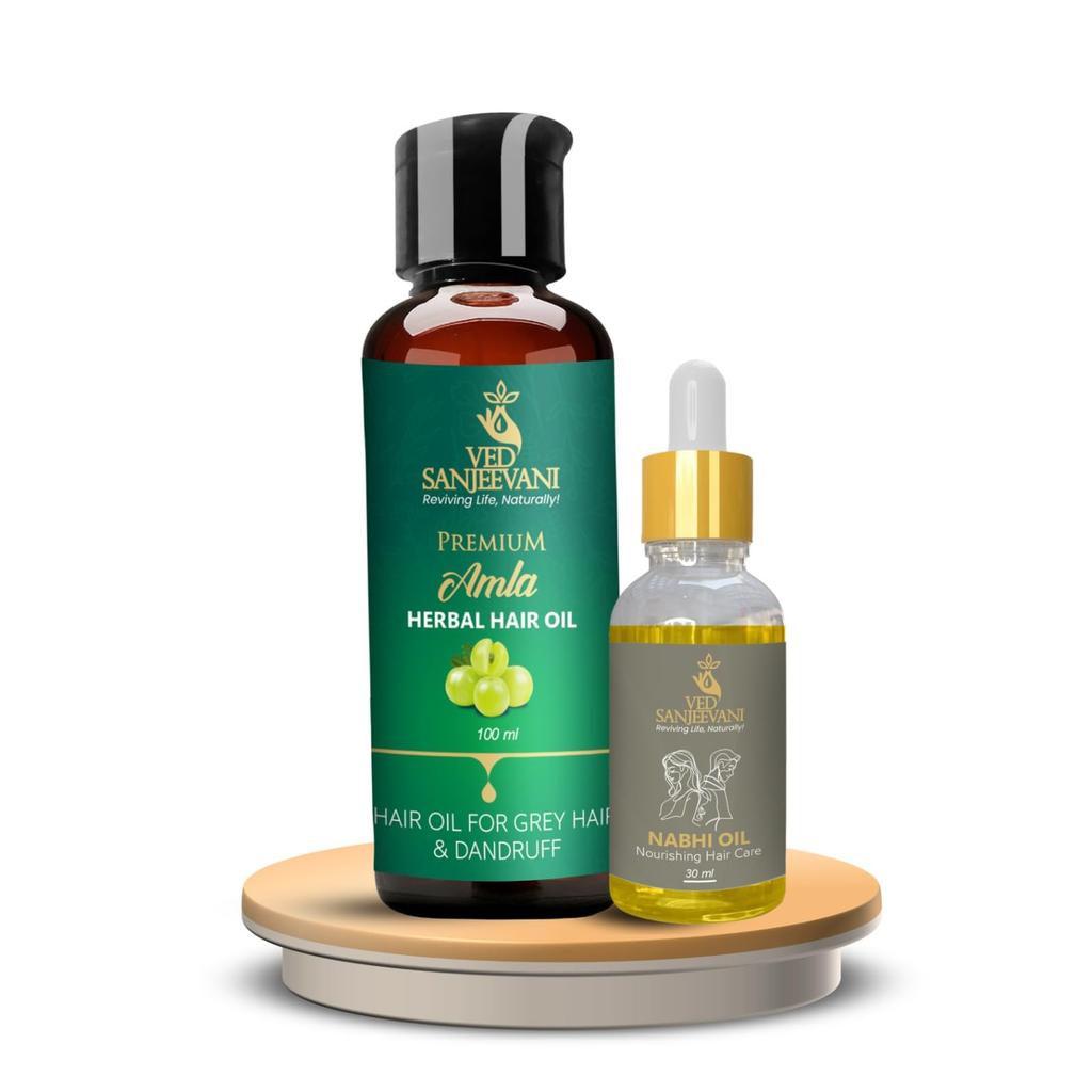 Ved Sanjeevani Powerful Hair Revival Combo | Amla Hair Oil + Hair Care Nabhi Oil | For Strong, Nourished & Healthy Hair | 130 Ml