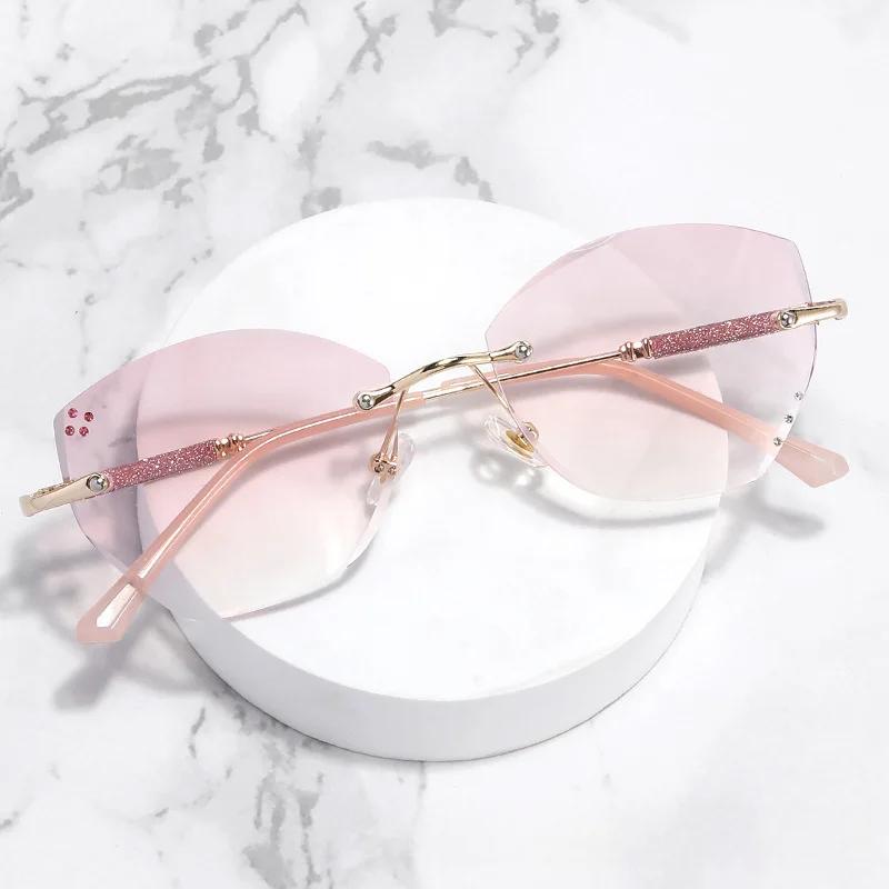 Cut Border Blue Light Reading Glasses Pink Presbyopia Glasses Frameless Women Ultra Light Gradient Purple Diamond Lenses