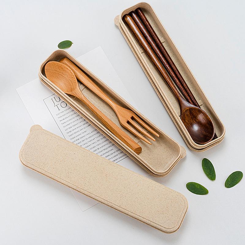 Natural Wooden Spoon With Box Handmade Wooden Fork Chopsticks Dinner Kit Kitchen Accessories