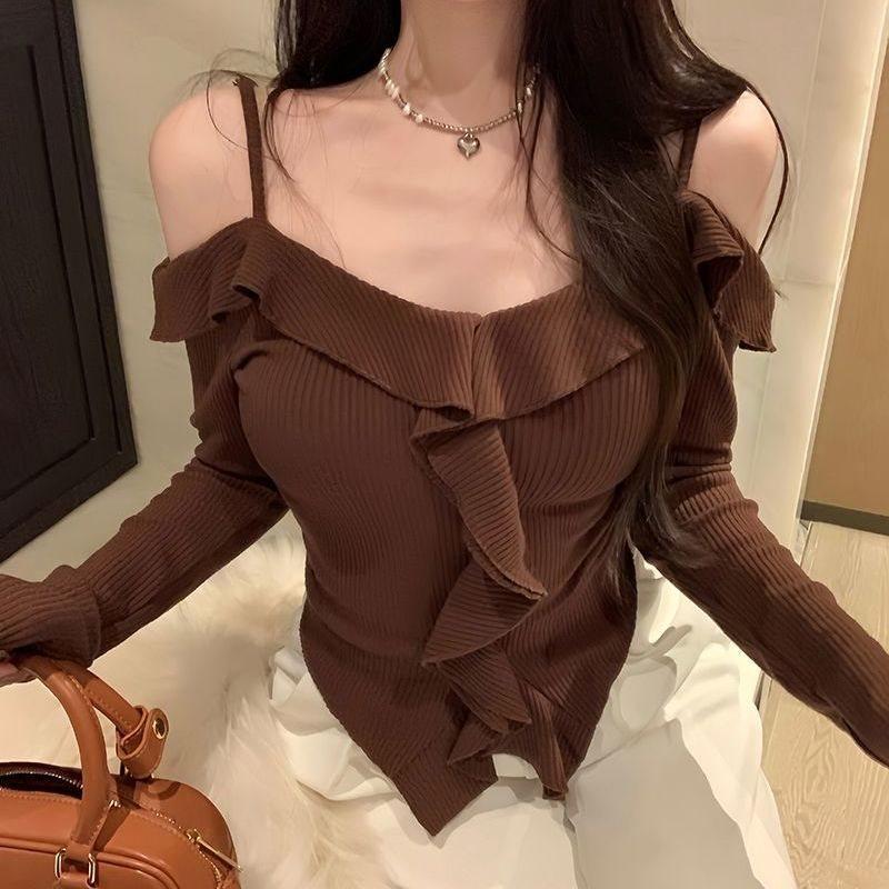 Lily Lace Off Shoulder Sweater With Ruffle Hem For Spring Casual Wear