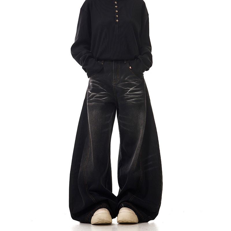 Unisex 2025 Spring American Washed Scimitar Jeans: Loose, Wide-Leg, Slimming Straight Cut