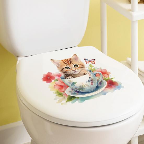 Adesivo per WC con fiore di gatto tazza da tè, rimovibile, autoadesivo, impermeabile, in PVC, per soggiorno, arte della parete, bagno, coperchio del WC, decorazione