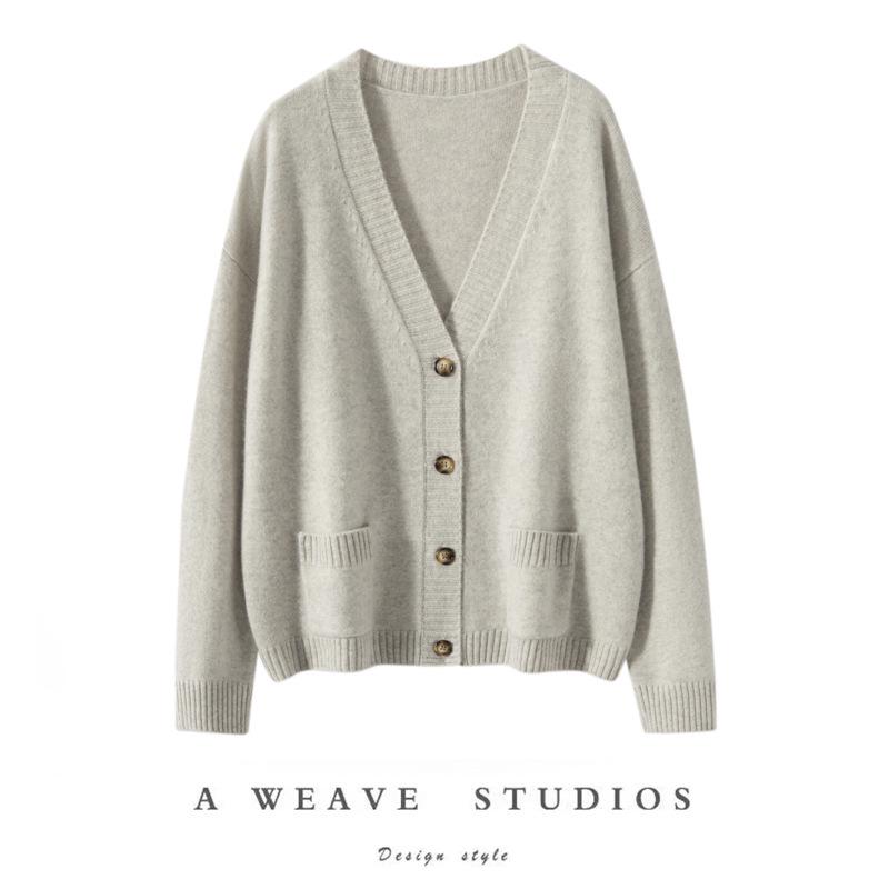 Women's Minimalist V-Neck Cashmere Cardigan - Buttoned, Thick, Wool Sweater Coat
