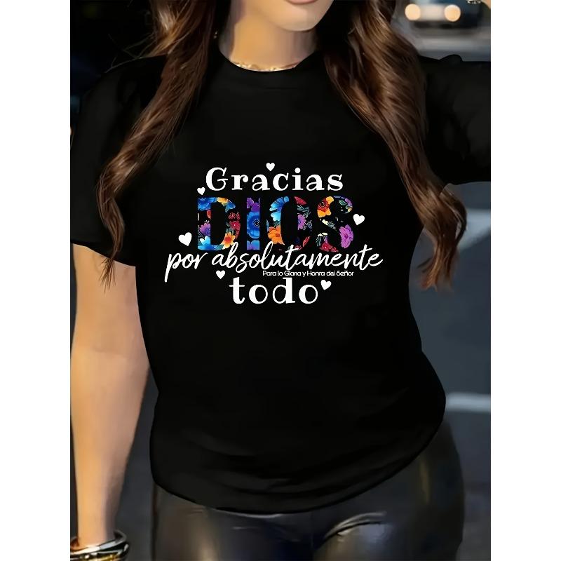 

European Size Women S Casual T-Shirt with Gracias Dios por absolutamente todo Graphic - Short Sleeve, Round Neck, Summer Style, Relaxed Fit 4XL чорний