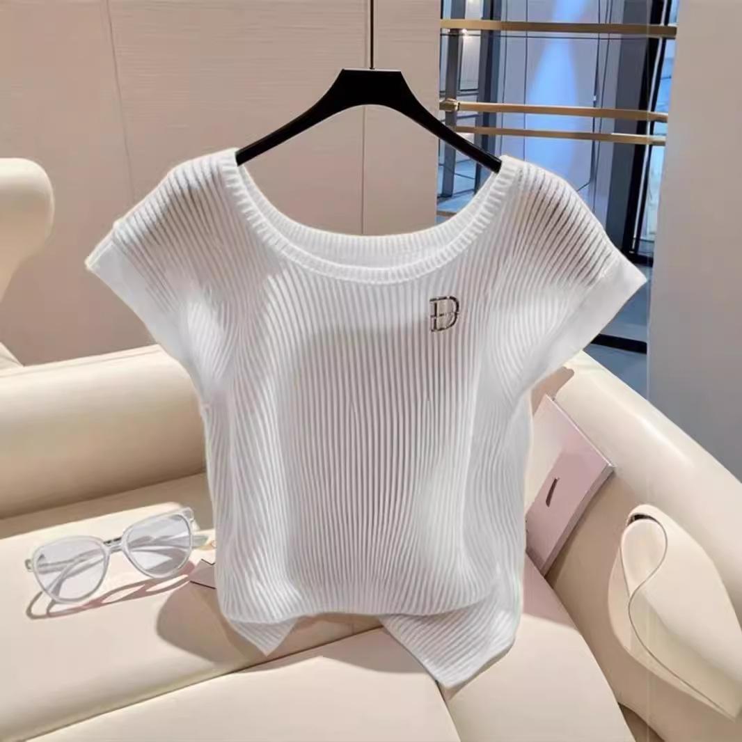 

Pink Knitted Light and Breathable Ice Silk Front Shoulder Short-sleeved T-shirt for Women Cool High-end Top 2026 New Summer OneSize белый