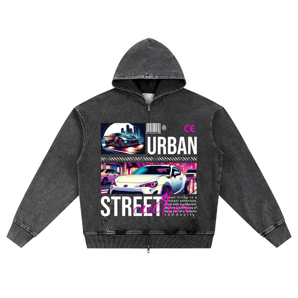 

DTG print Knitted Denim Zip-Up Hoodie Urban Street Culture Brother Print Zipper Hoodies S
