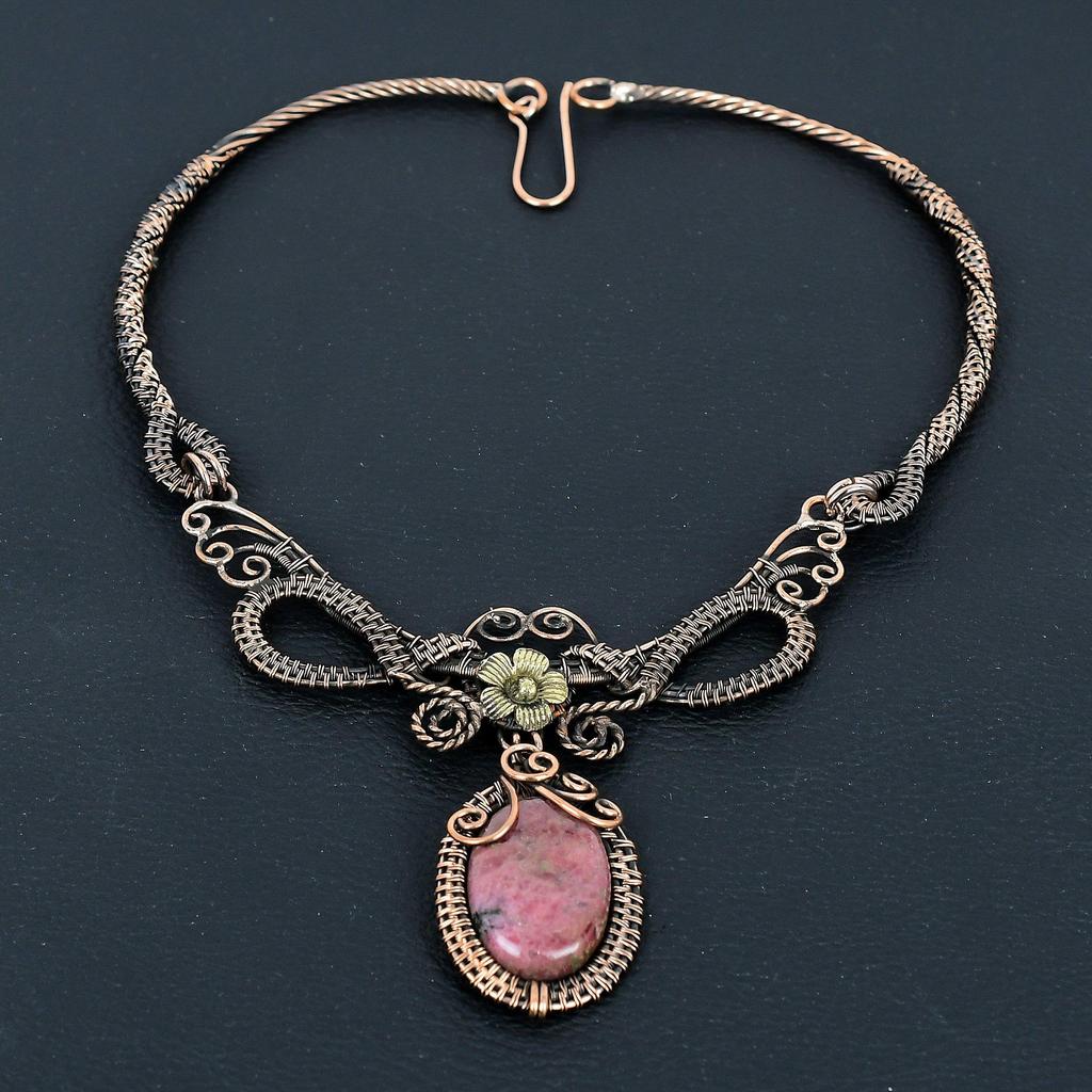 Rhodonite Necklace Gemstone Jewelry, 999 Copper Wire Wrapped Necklace, Adjustable Handmade Chain Necklace Gift For Wife Jewelry