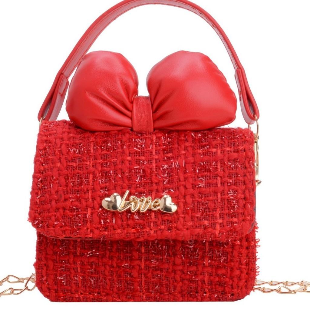 Kids Trendy Woolen Shoulder Bow Bag Chain Element Breathable Everyday Material