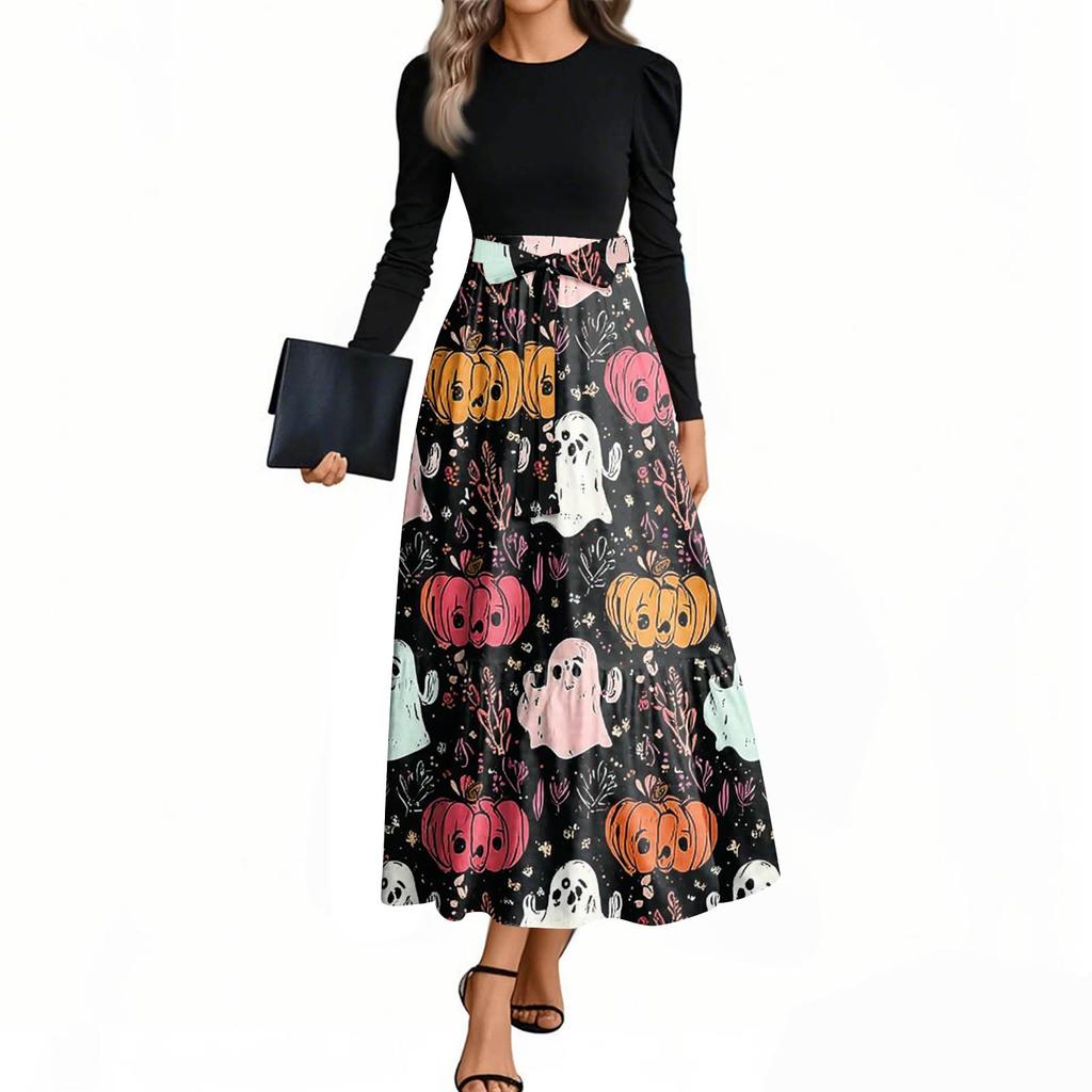 Women's Fashion Casual Belted Long Sleeve Round Neck Halloween Printed Elegant Temperament Dresses