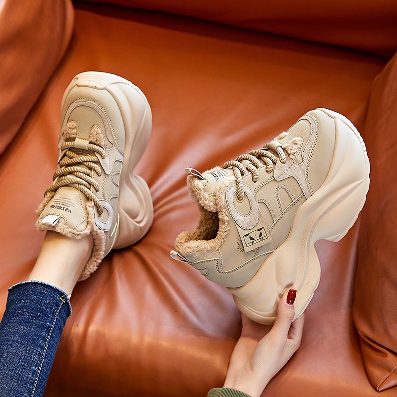 Fashion 8cm Genuine Leather Winter Vulcanized Sneakers Women Autumn Platform Wedge Ankle Booties Spring Lace Up Hidden Heels Shoes