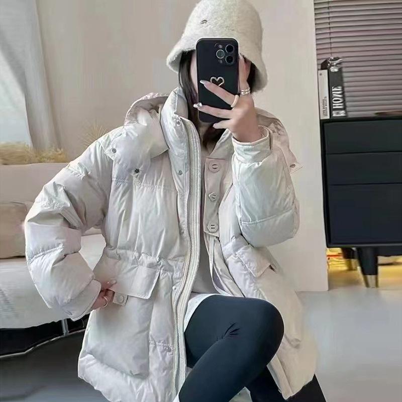 Waist hooded down jacket women's short 2024 winter sweet warm white duck down round buckle tooling jacket tide