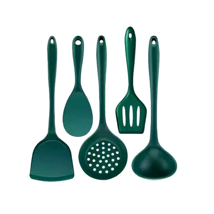 Hochtemperatur-Beständiges Silikon Küchenutensilien-Set: Spatel, Schöpfkelle, Schaumlöffel und Reislöffel für Antihaftpfannen.