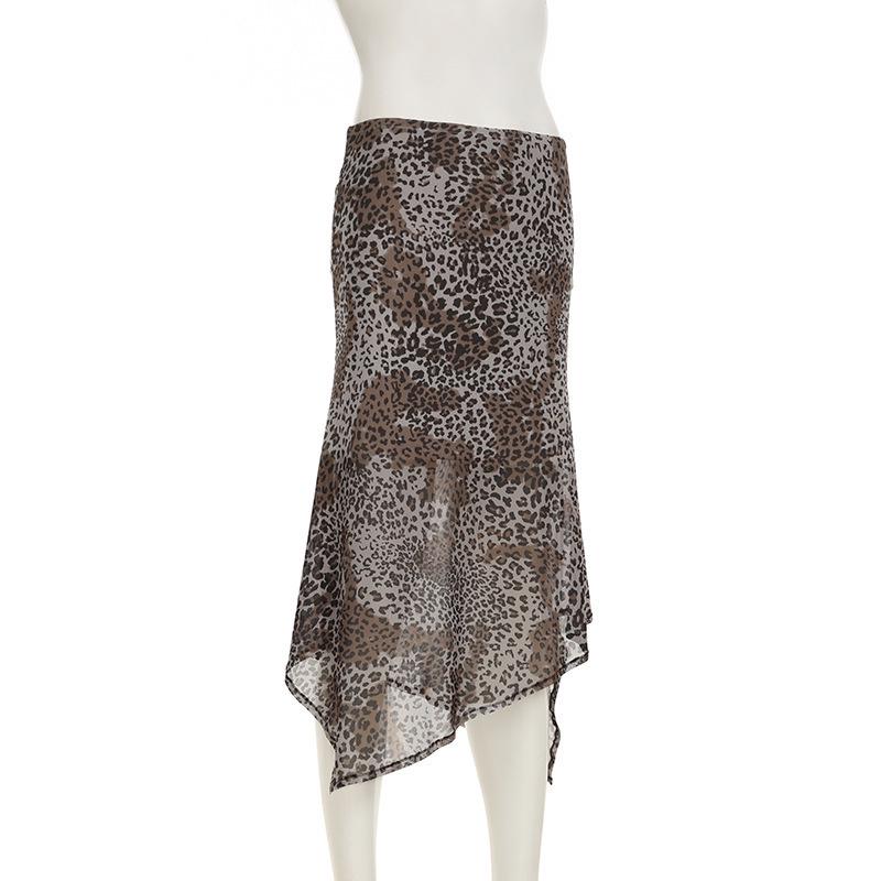 Podzim/Zima 2024 Evropský a Americký Styl Síťovaná Nepravidelná Dlouhá Sukně s Leopardím Vzorem