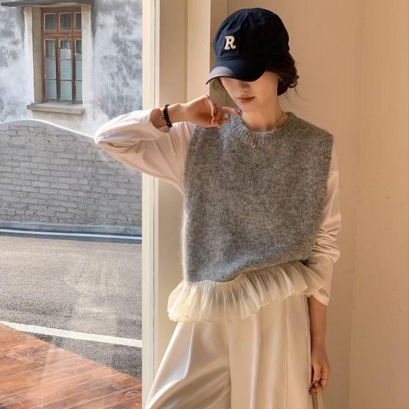 Korean Petite Lace Patchwork Knitted Sweater Vest
