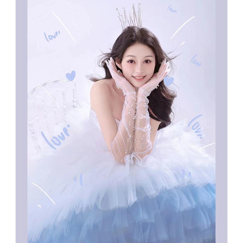 Blue tube top wedding dress sweet fashion super fairy male style light luxury outdoor fluffy yarn