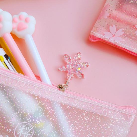 Schreibwarentasche, transparent, orientalisches Kirschmuster, süßes Rosa, gefrostet, Sakura-Bleistiftbeutel für Studenten